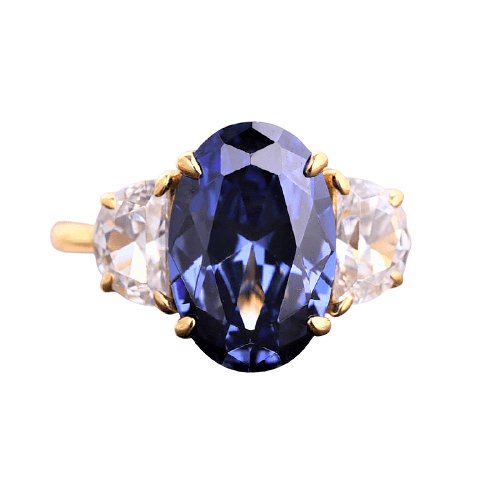 3.5ct Three Stone Simulated Blue Sapphire Oval Cut Yellow Gold Engagement Ring-Black Diamonds New York
