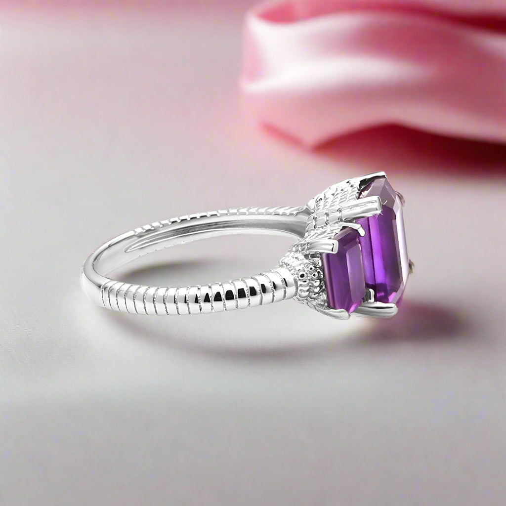 3.75Ct Natural Amethyst Gemstone Rope Band Stackable Ring-Black Diamonds New York