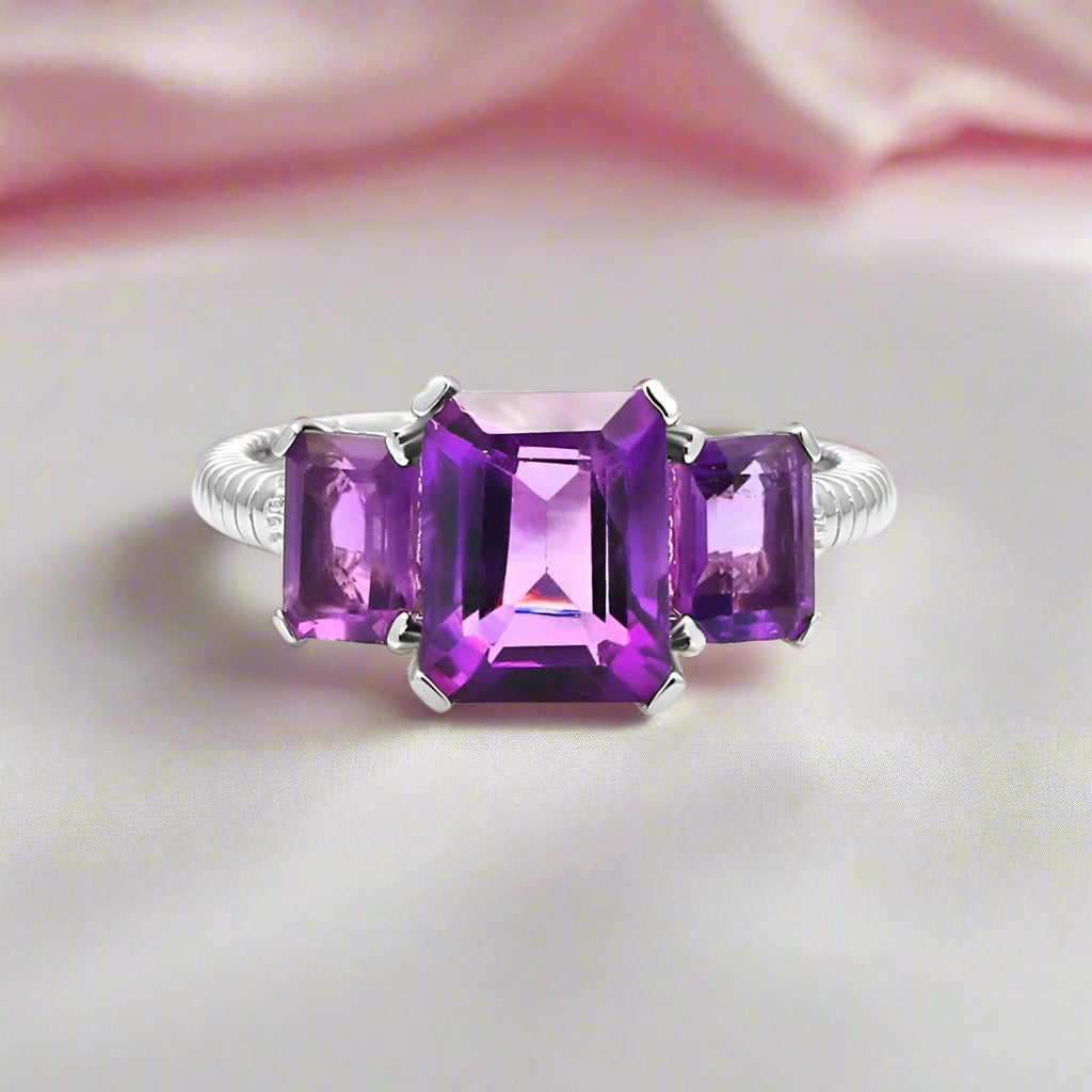 3.75Ct Natural Amethyst Gemstone Rope Band Stackable Ring-Black Diamonds New York