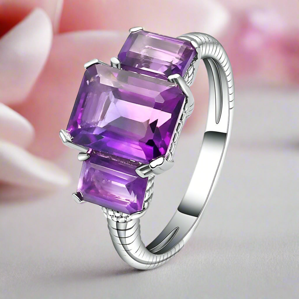 3.75Ct Natural Amethyst Gemstone Rope Band Stackable Ring-Black Diamonds New York