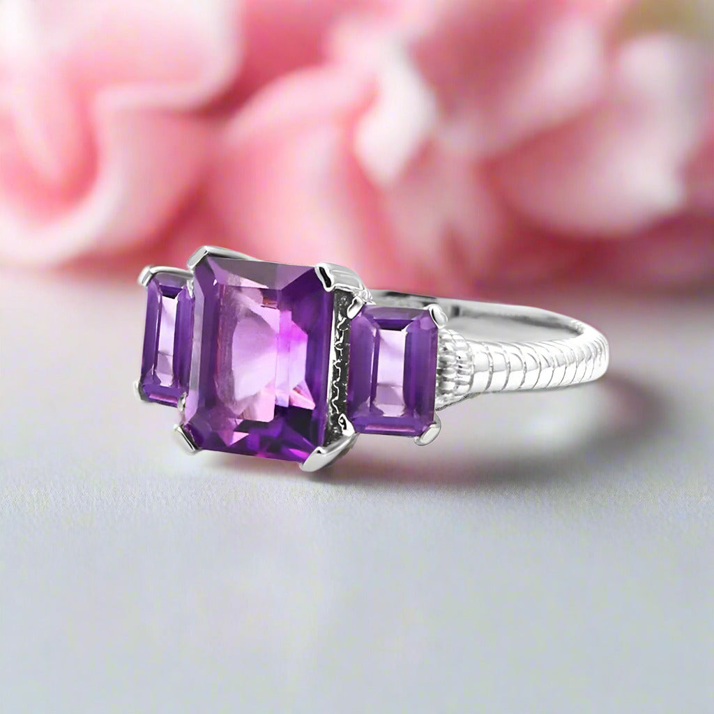 3.75Ct Natural Amethyst Gemstone Rope Band Stackable Ring-Black Diamonds New York