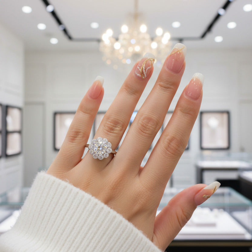 3.0 Ct Round Cut Crackling Diamond Flower Halo Engagement Ring-Black Diamonds New York