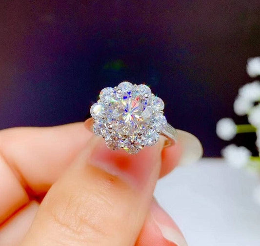 3ct Round Cut Crackling Moissanite Flower Halo Engagement Ring-Black Diamonds New York