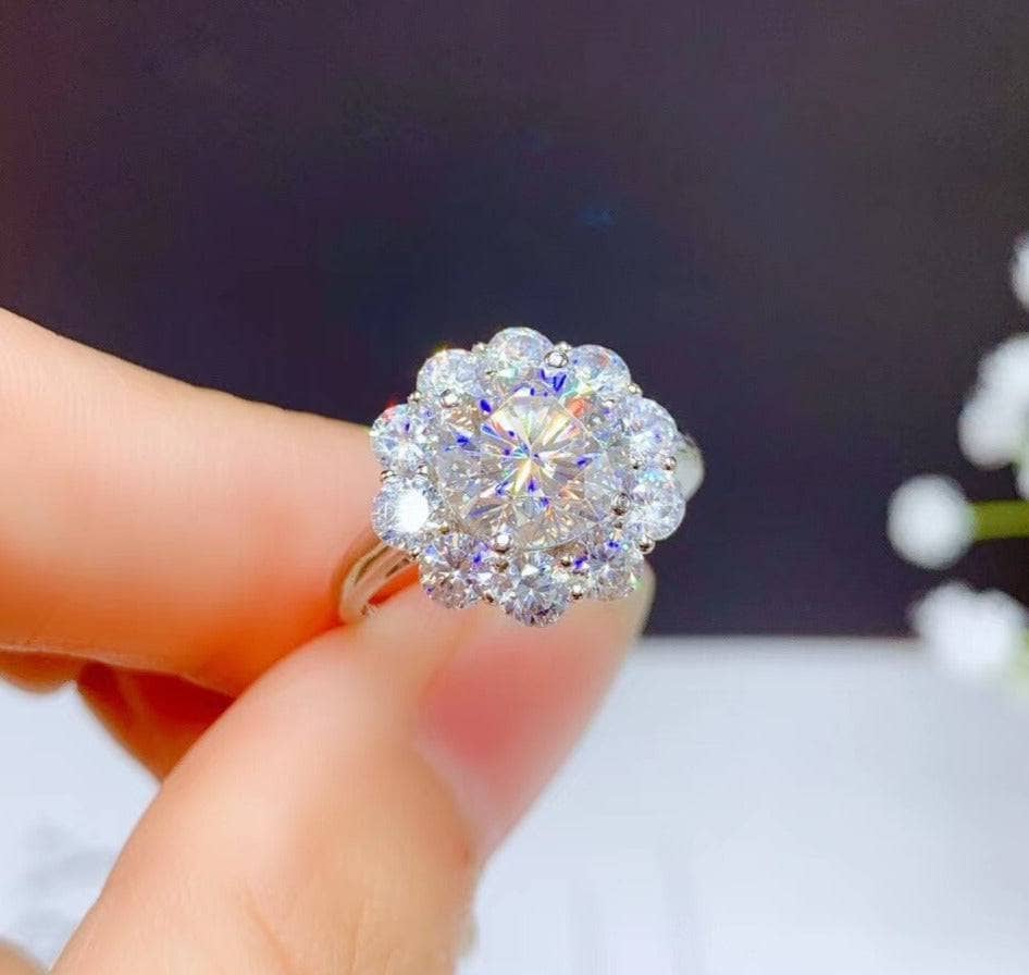3ct Round Cut Crackling Moissanite Flower Halo Engagement Ring - Black Diamonds New York