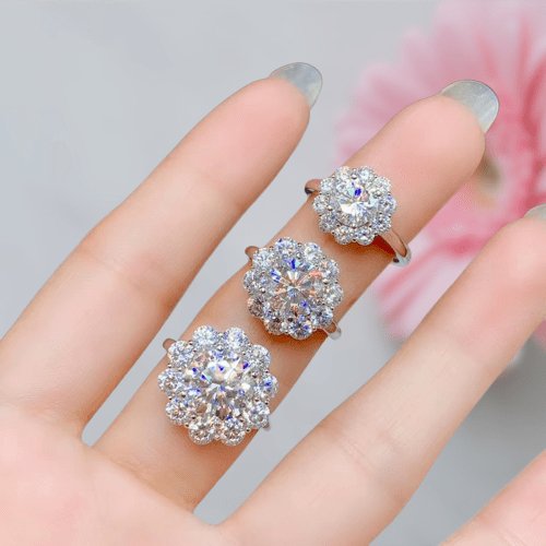 3ct Round Cut Crackling Moissanite Flower Halo Engagement Ring-Black Diamonds New York
