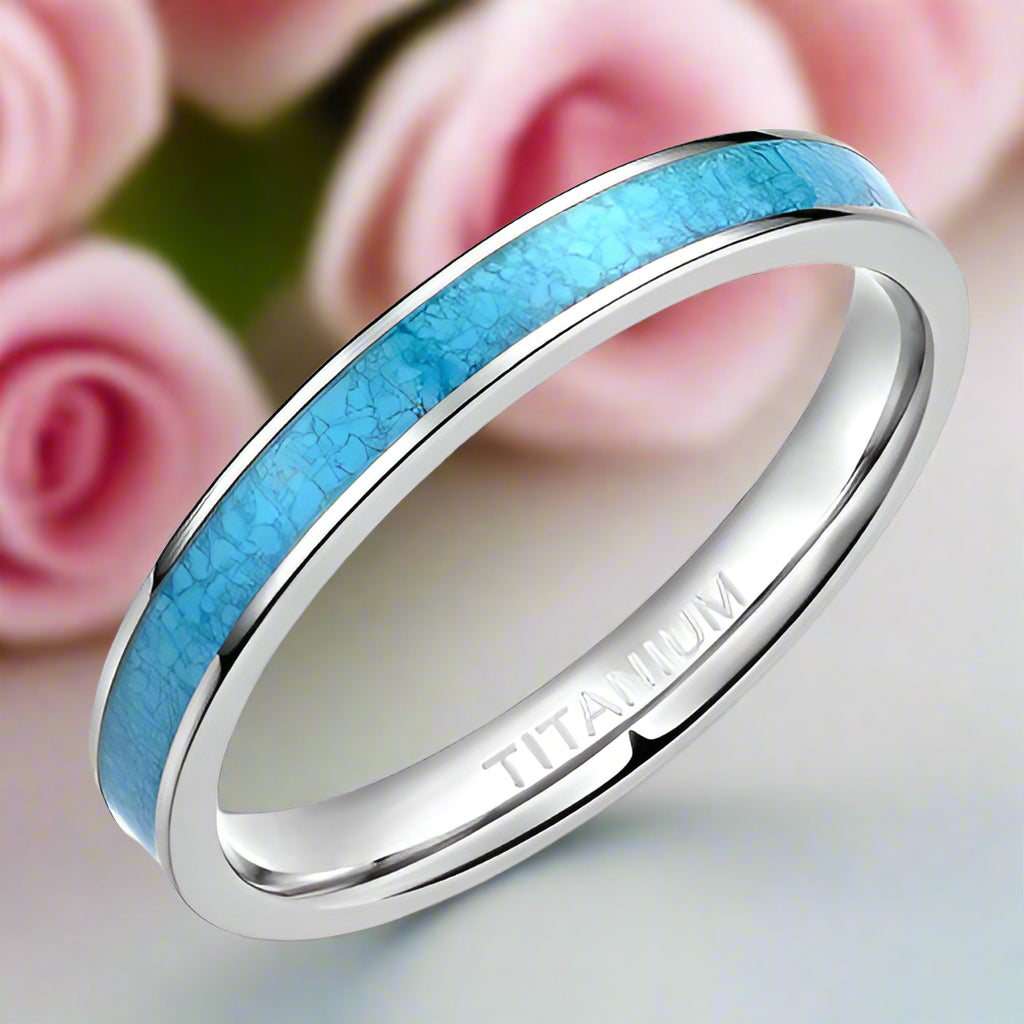 3mm Blue Turquoise Titanium Wedding Band-Black Diamonds New York