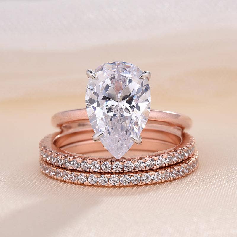 3pc Rose Gold Classic Pear Cut Wedding Ring Set - Black Diamonds New York