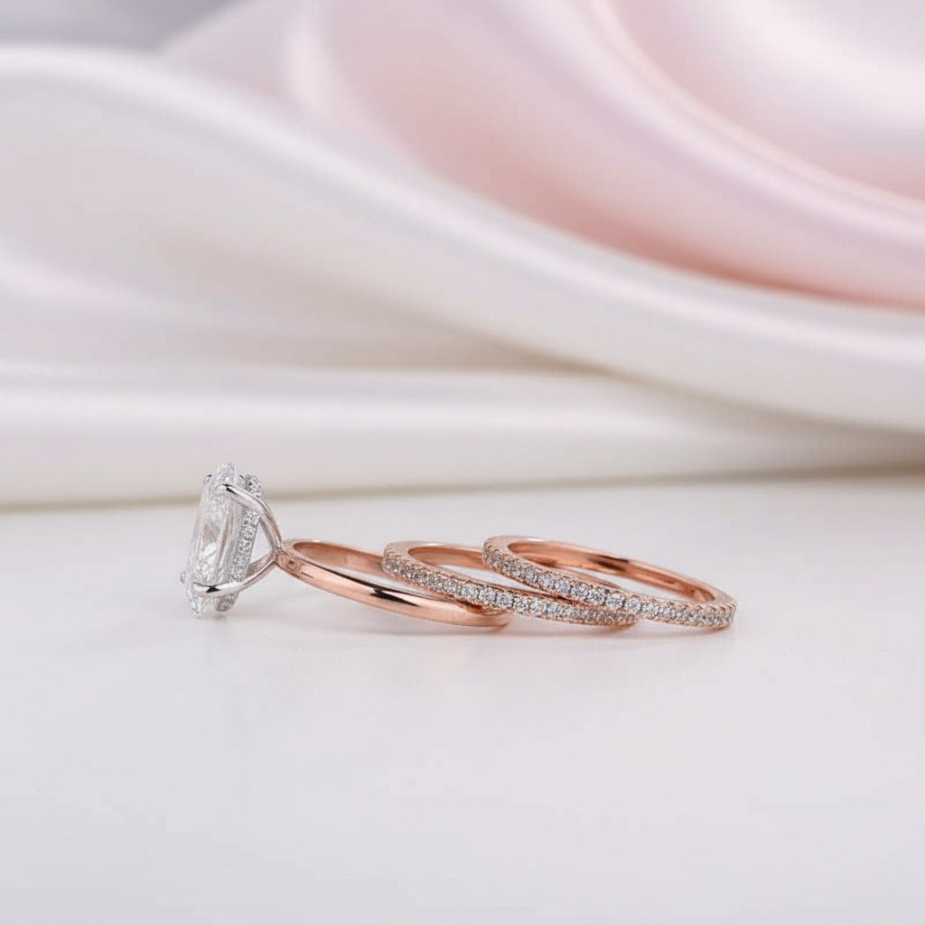 3pc Rose Gold Classic Pear Cut Wedding Ring Set-Black Diamonds New York