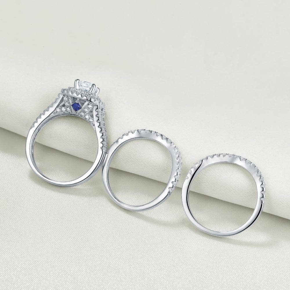 3Pcs 925 Sterling Silver 2 Ct Round CZ Blue Side Stone Ring