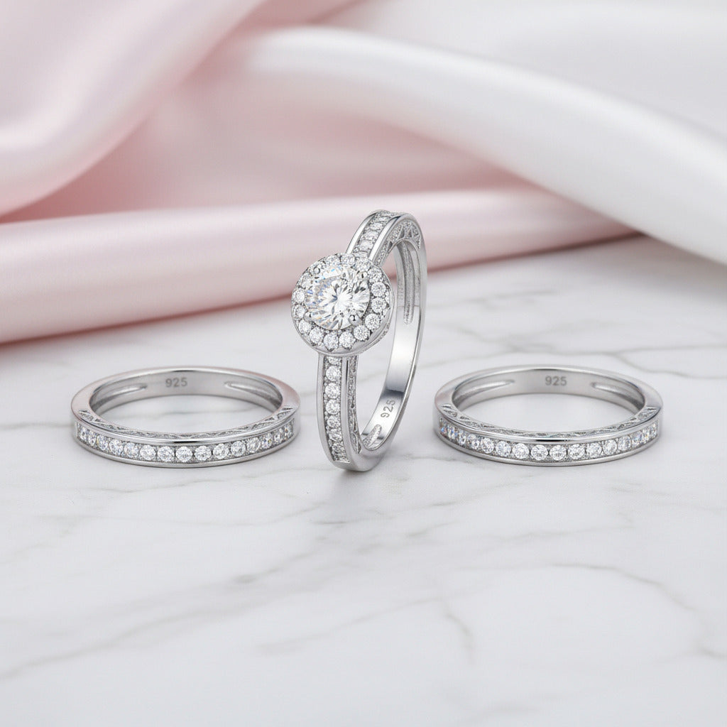 3Pcs 2.4 Ct Round Diamond Option Halo Engagement Ring Set-Black Diamonds New York