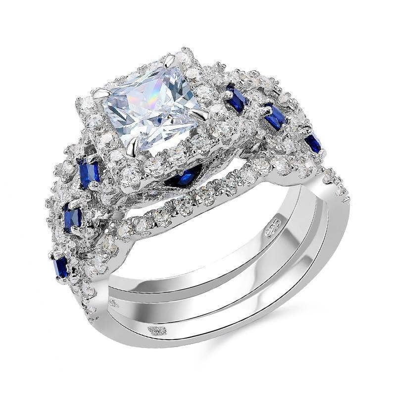 3Pcs 925 Sterling Silver 2.6Ct White Blue Cubic Zircon Ring