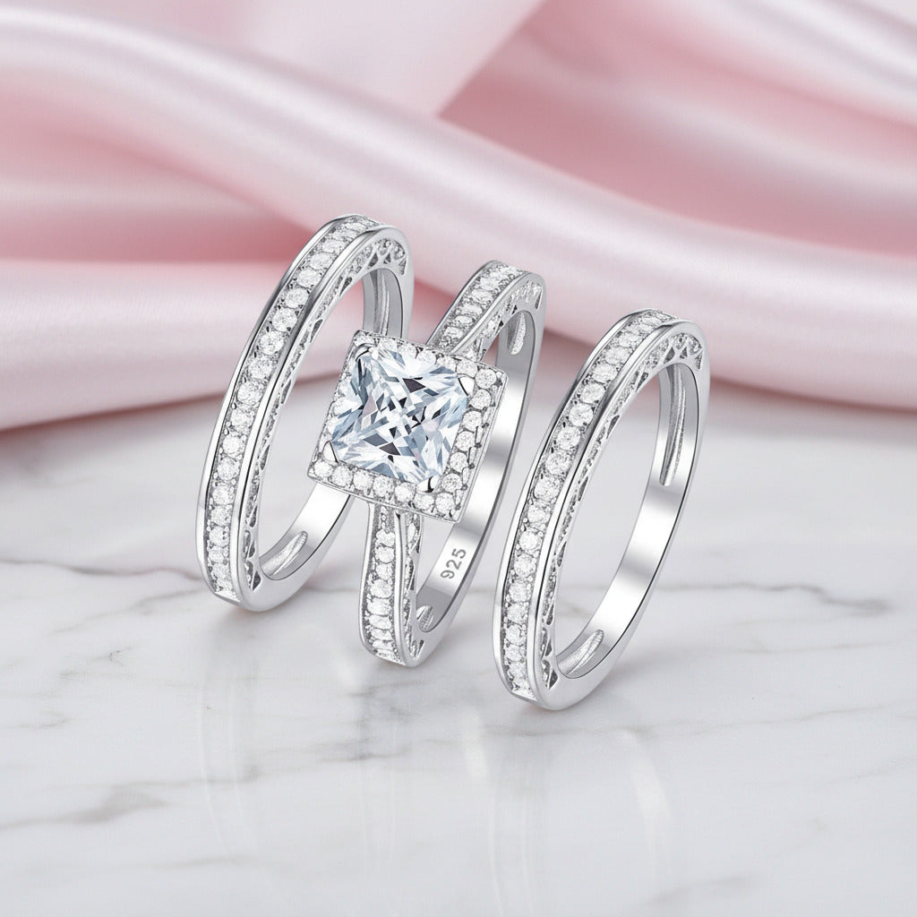 3pcs 2.8ct Princess Cut White Diamond Option Halo Engagement Ring Set-Black Diamonds New York