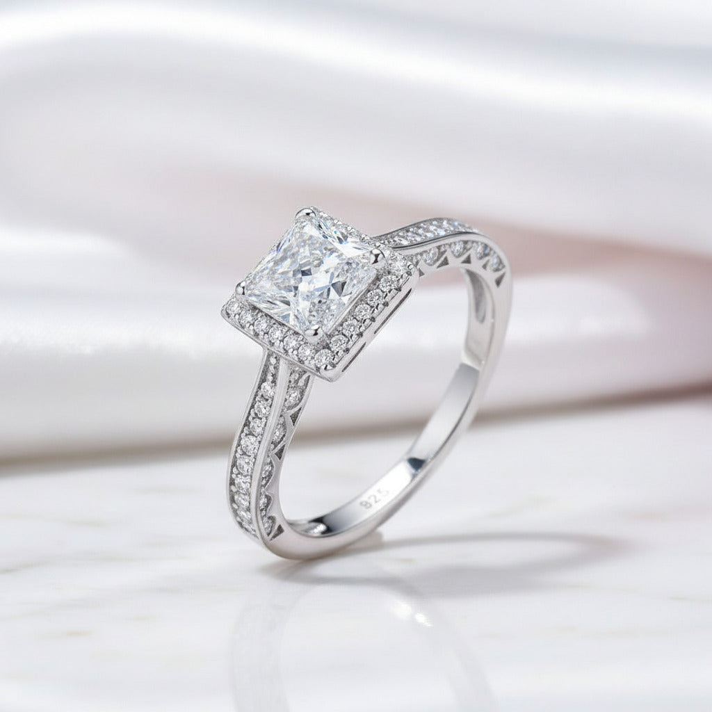 3pcs 2.8ct Princess Cut White Diamond Option Halo Engagement Ring Set-Black Diamonds New York