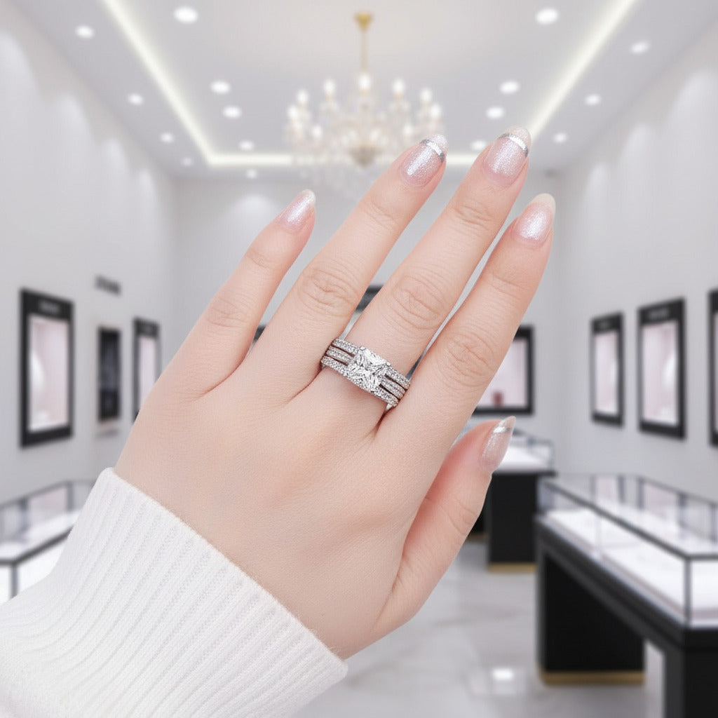 3pcs 2.8ct Princess Cut White Diamond Option Halo Engagement Ring Set-Black Diamonds New York