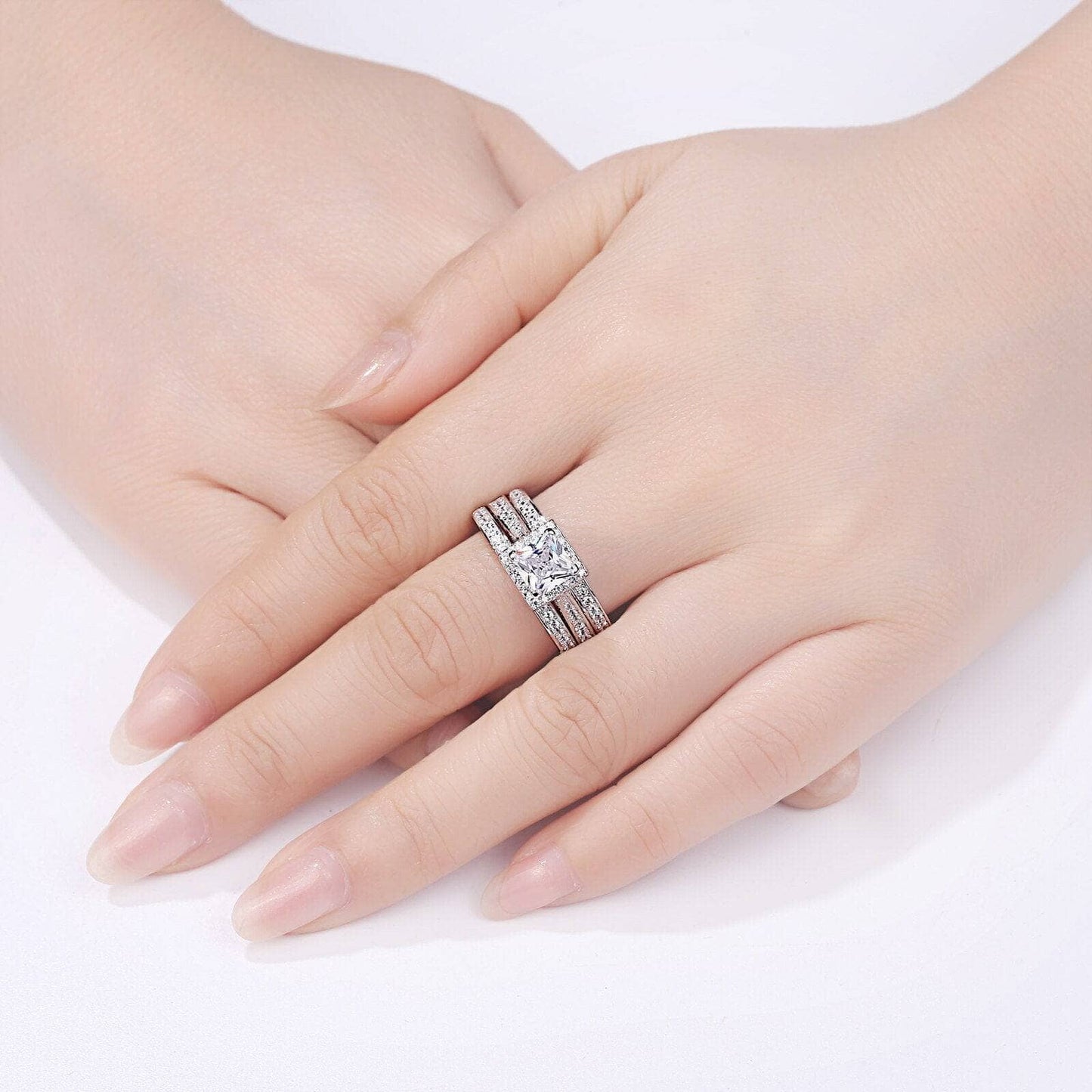 3pcs 2.8ct Princess Cut White Cubic Zircon Engagement Ring