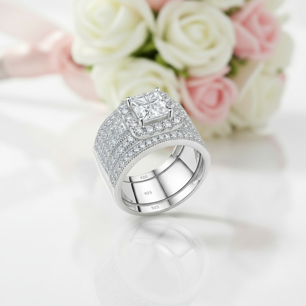 3Pcs Cross Princess Cut Diamond Option Halo Ring Set-Black Diamonds New York