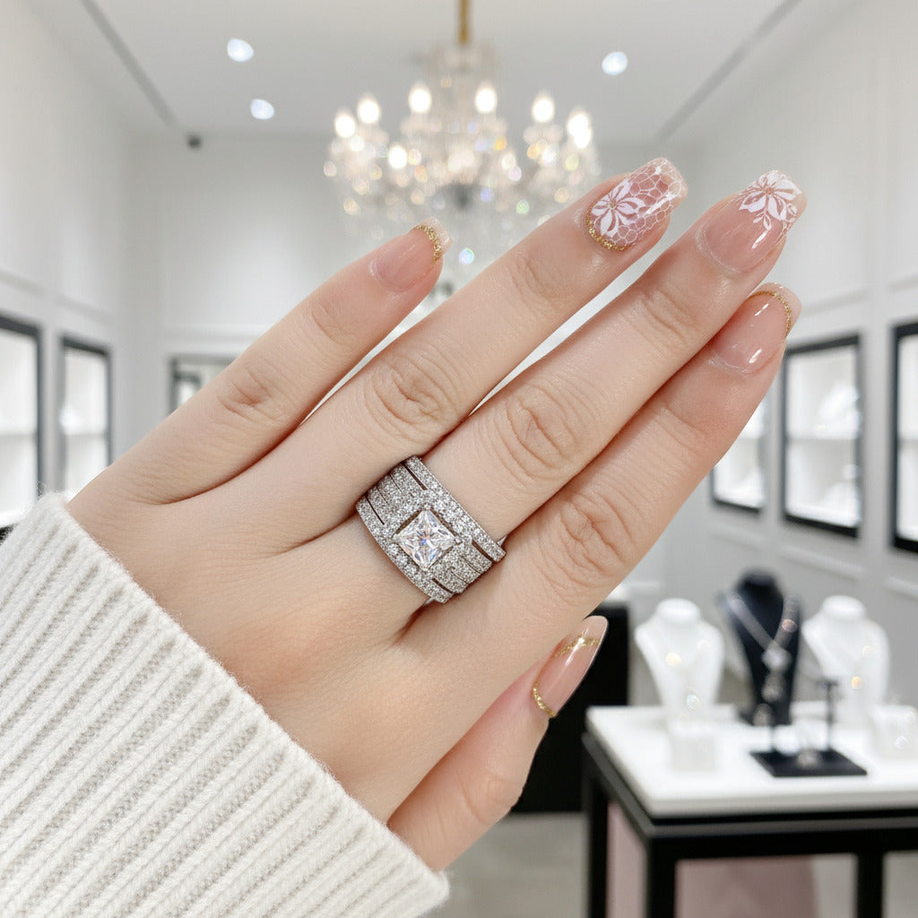 3Pcs Cross Princess Cut Diamond Option Halo Ring Set-Black Diamonds New York