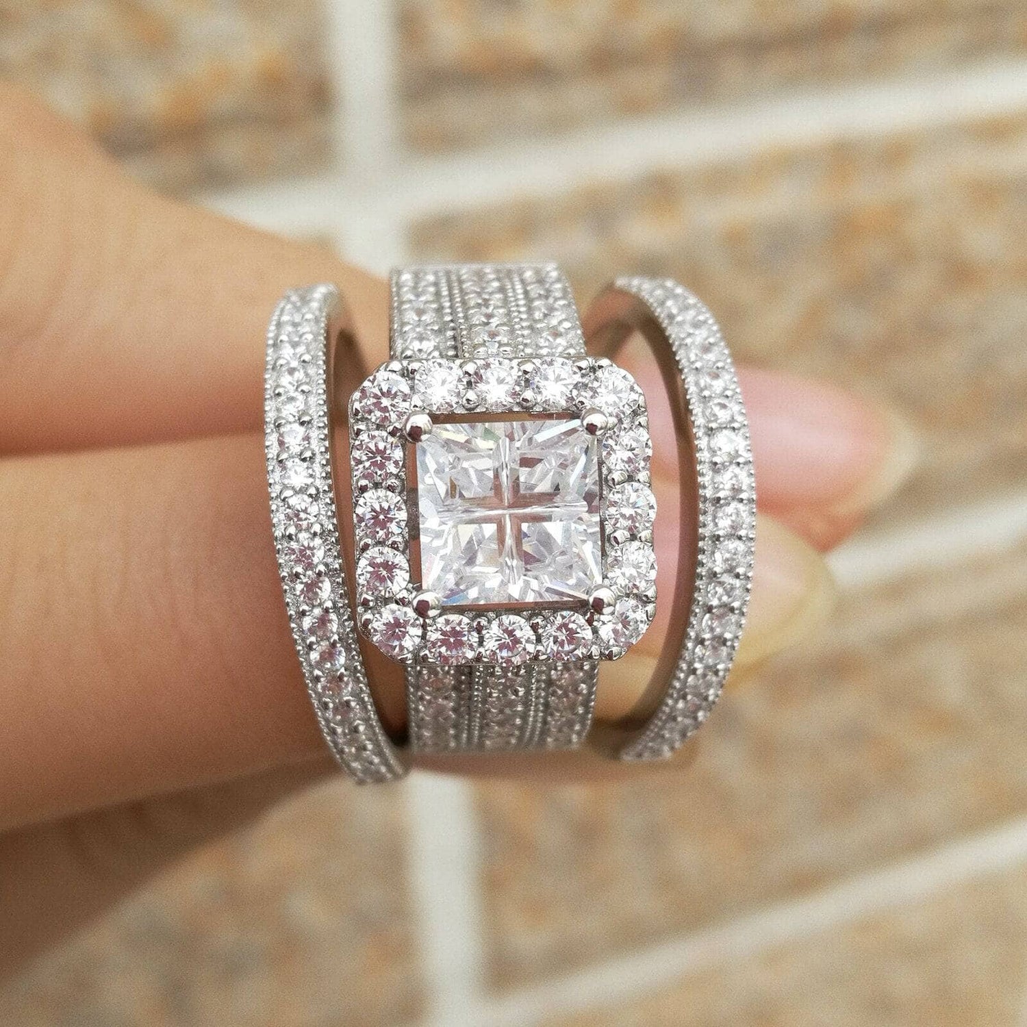 3Pcs Princess Cut EVN Stone Engagement Ring Set-Black Diamonds New York