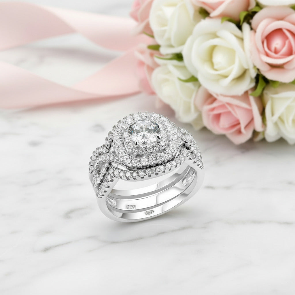 3Pcs Round Diamond Option with Halo Ring Set-Black Diamonds New York