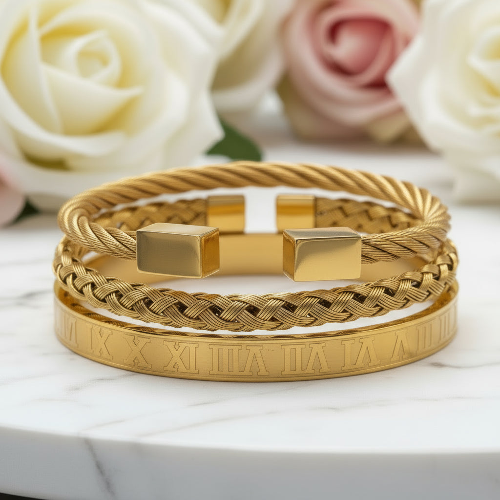 3pcs Luxury Stainless Steel Roman Numeral Men's Bracelet-Black Diamonds New York