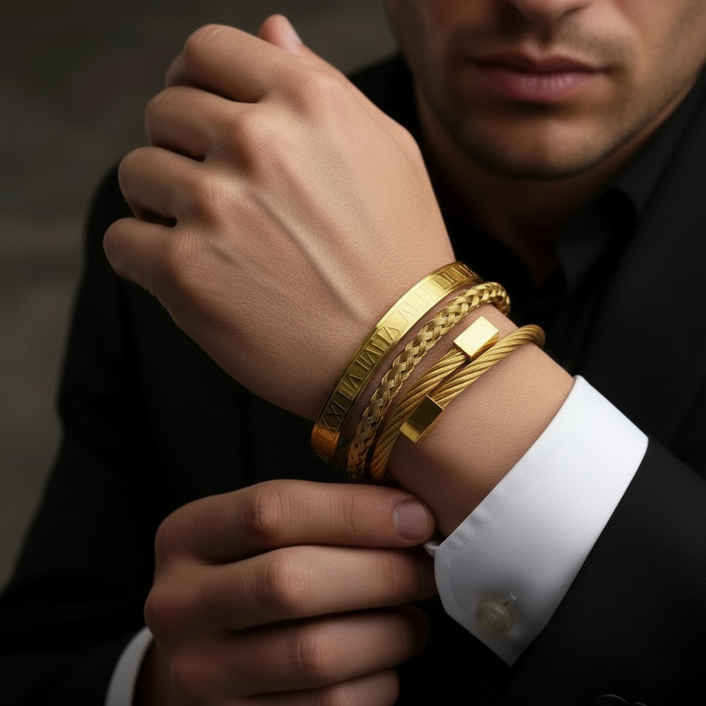 3pcs Luxury Stainless Steel Roman Numeral Men's Bracelet-Black Diamonds New York