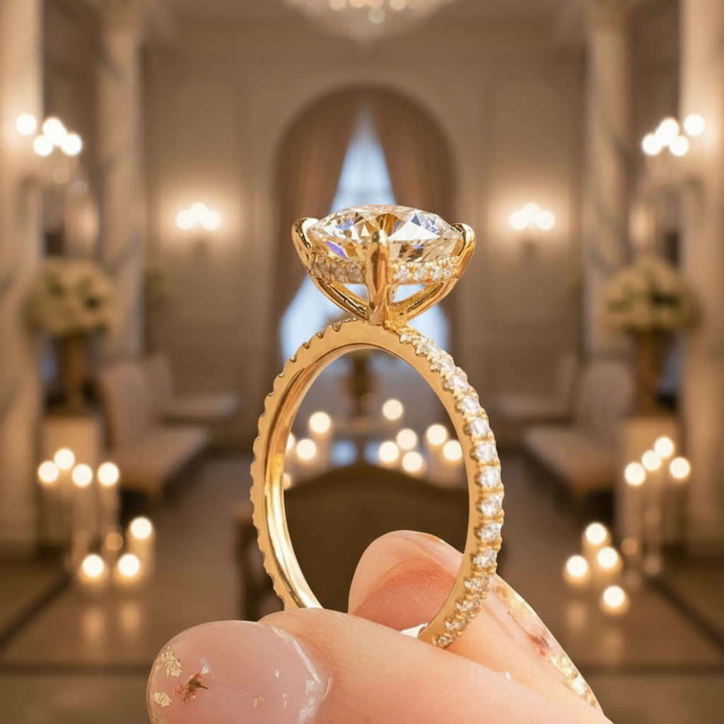 4 prong Yellow Gold Classic Round Cut Engagement Ring-Black Diamonds New York