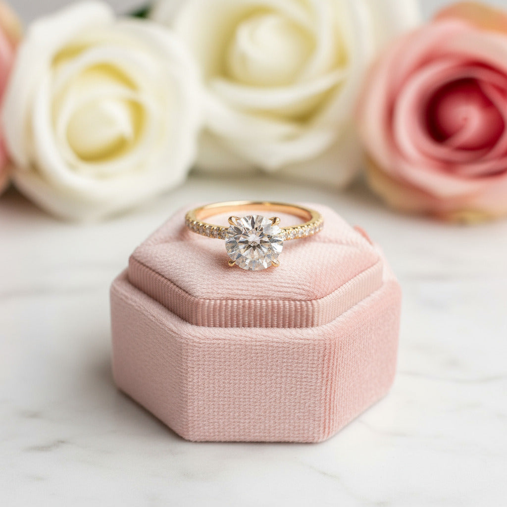 4 prong Yellow Gold Classic Round Cut Engagement Ring-Black Diamonds New York