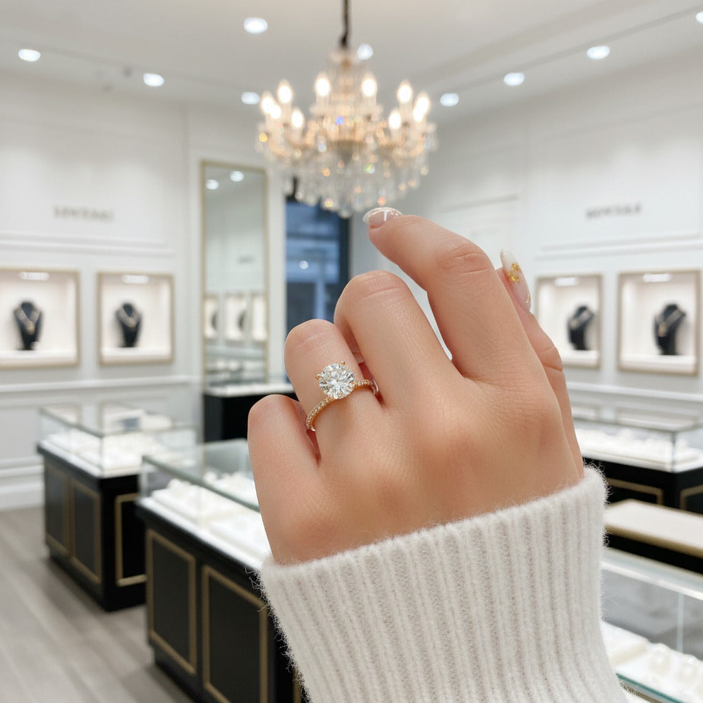 4 prong Yellow Gold Classic Round Cut Engagement Ring-Black Diamonds New York