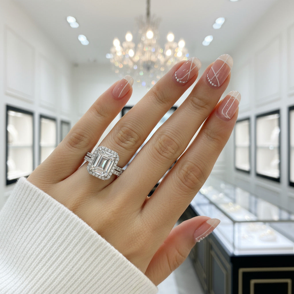 4.0ct Halo Emerald Cut Wedding Ring Set-Black Diamonds New York