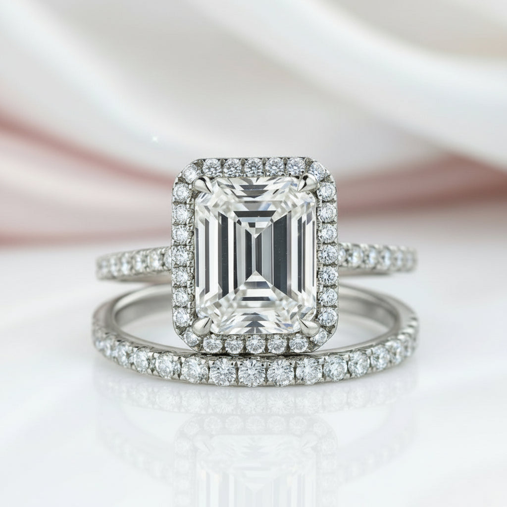 4.0ct Halo Emerald Cut Wedding Ring Set-Black Diamonds New York