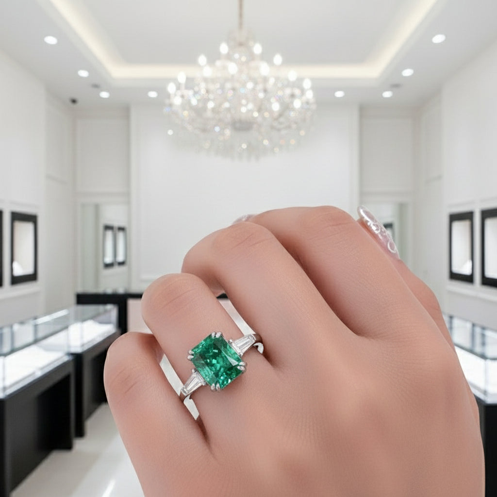 4.0ct Paraiba Tourmaline Radiant Cut Three-Stone Engagement Ring-Black Diamonds New York