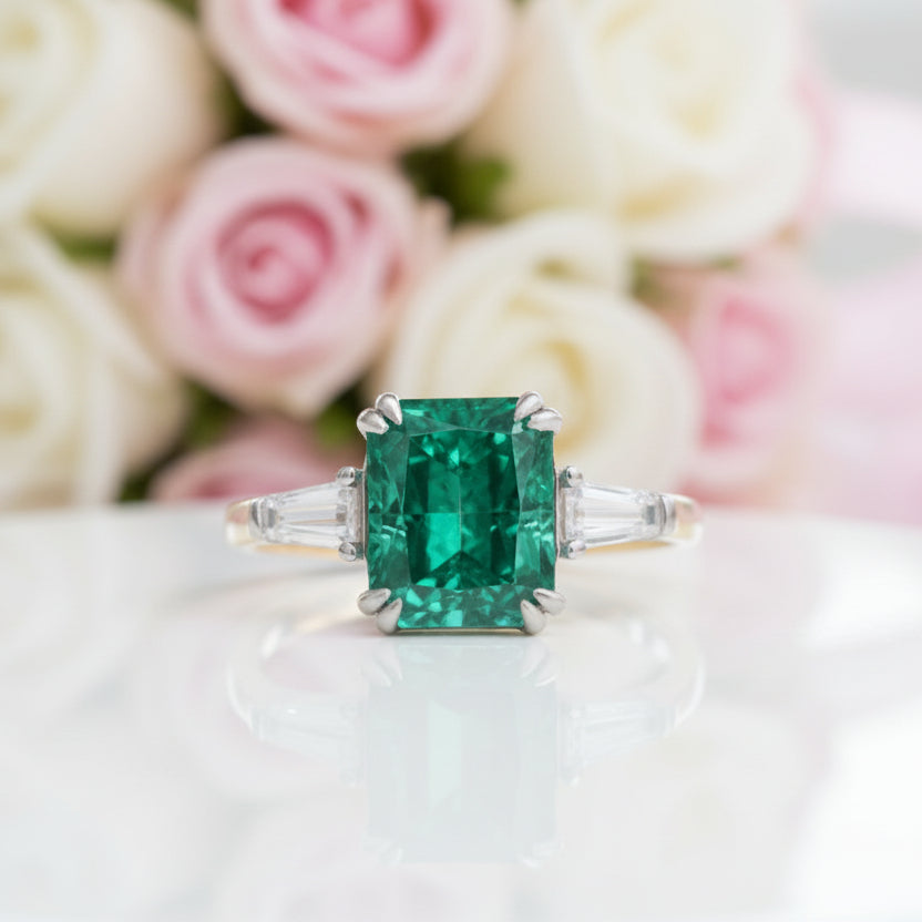 4.0ct Paraiba Tourmaline Radiant Cut Three-Stone Engagement Ring-Black Diamonds New York