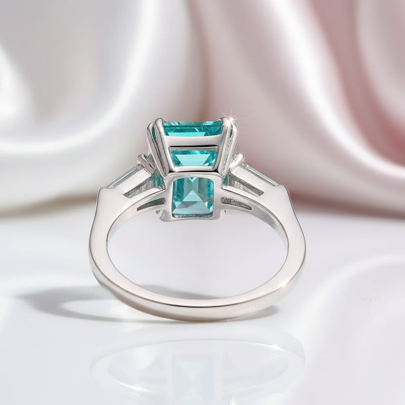 4.0ct Paraiba Tourmaline Radiant Cut Three-Stone Engagement Ring-Black Diamonds New York