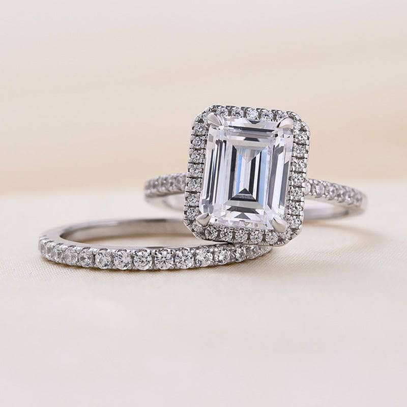 Halo Emerald Cut Simulated Sapphire Wedding Ring Set - Black Diamonds New York