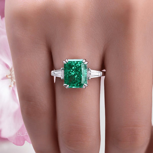 4ct Simulated Paraiba Tourmaline Radiant Cut Three Stone Engagement Ring - Black Diamonds New York