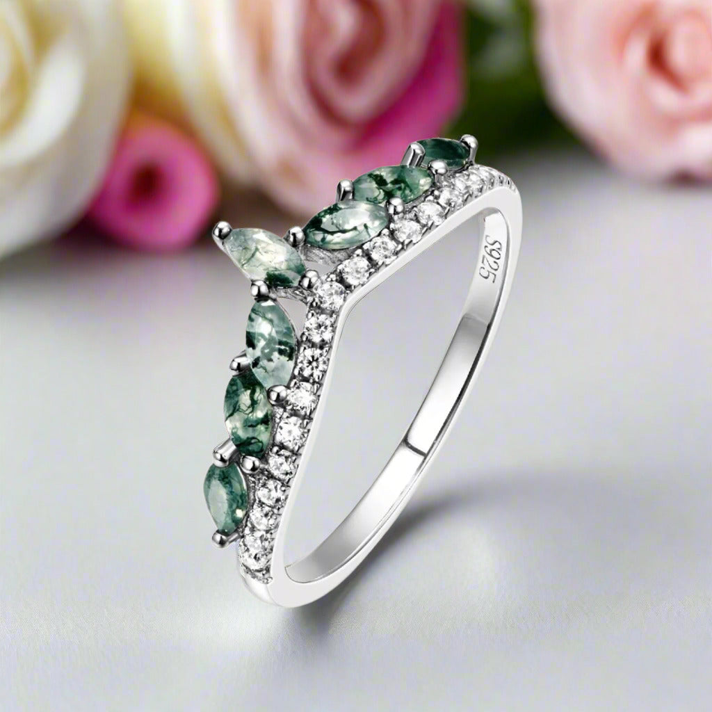 4*2mm Natural Marquise Moss Agate Ring-Black Diamonds New York