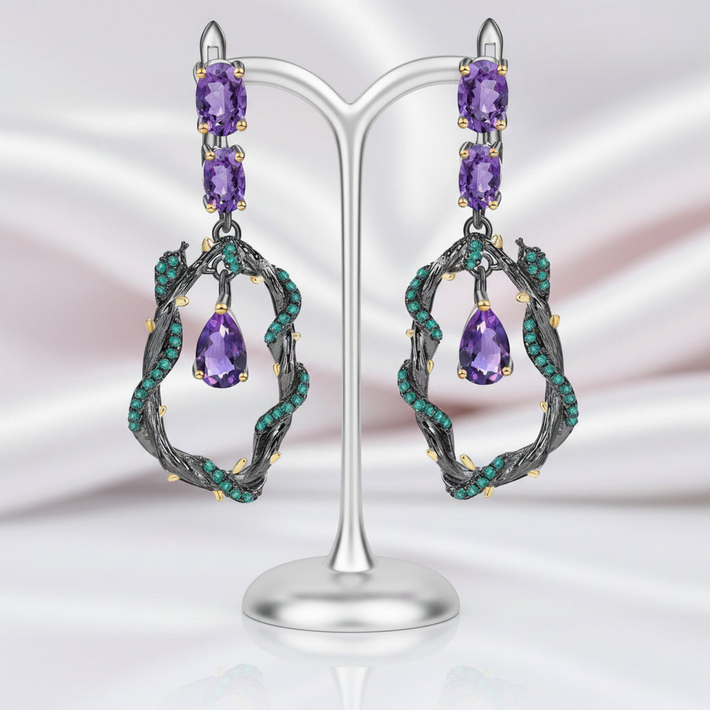 4.34Ct Purple Amethyst Gemstone Earrings-Black Diamonds New York