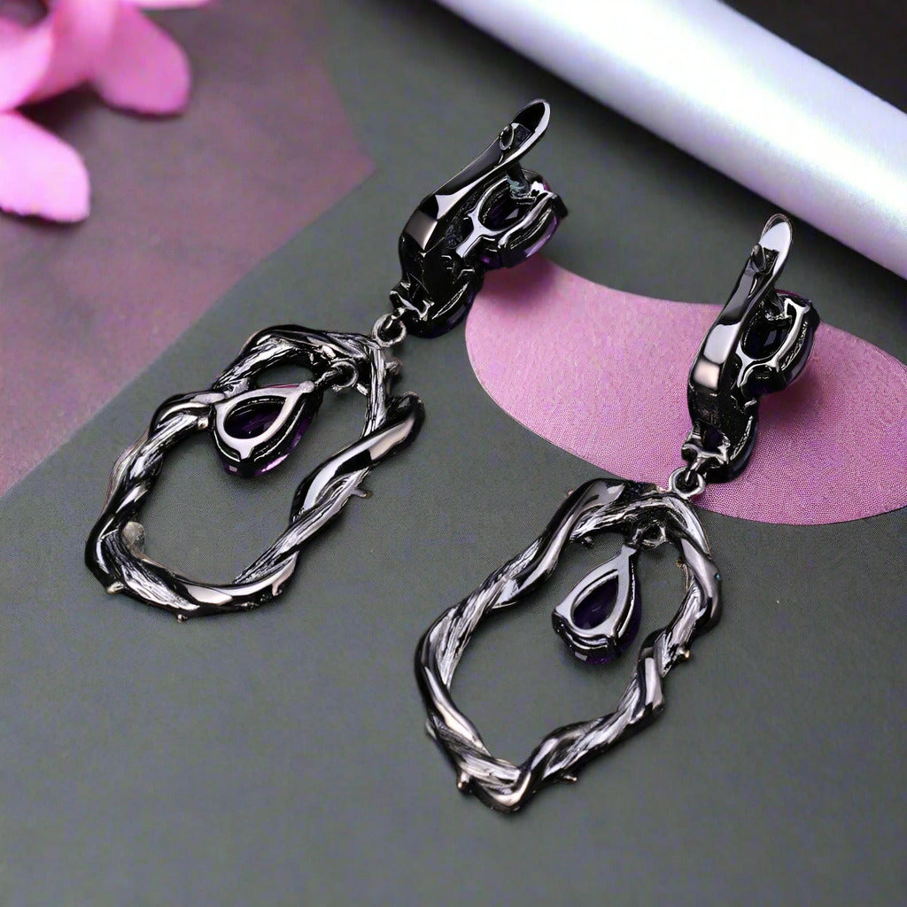 4.34Ct Purple Amethyst Gemstone Earrings-Black Diamonds New York