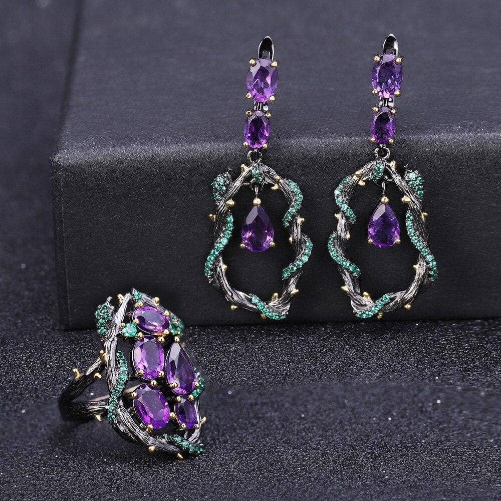 4.34Ct Natural Purple Amethyst Gemstone Earrings-Black Diamonds New York
