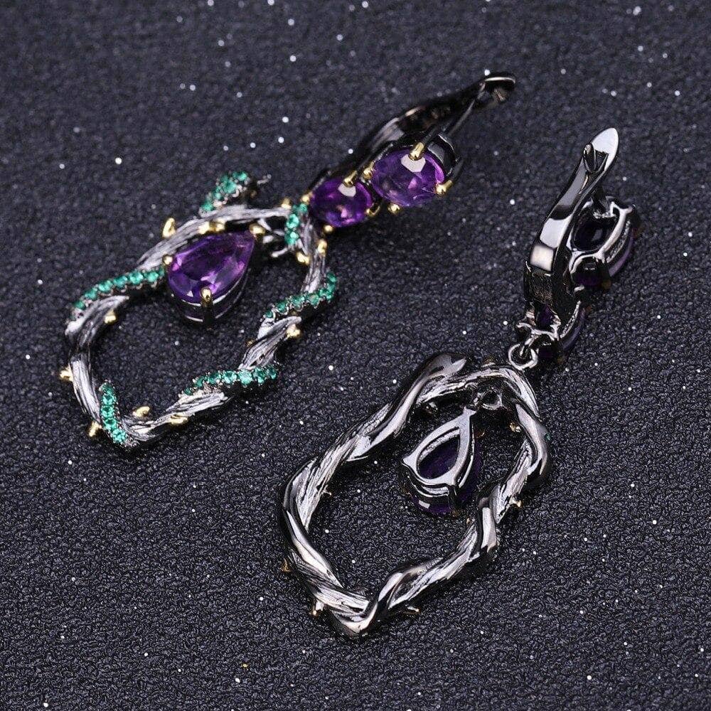 4.34Ct Natural Purple Amethyst Gemstone Earrings-Black Diamonds New York
