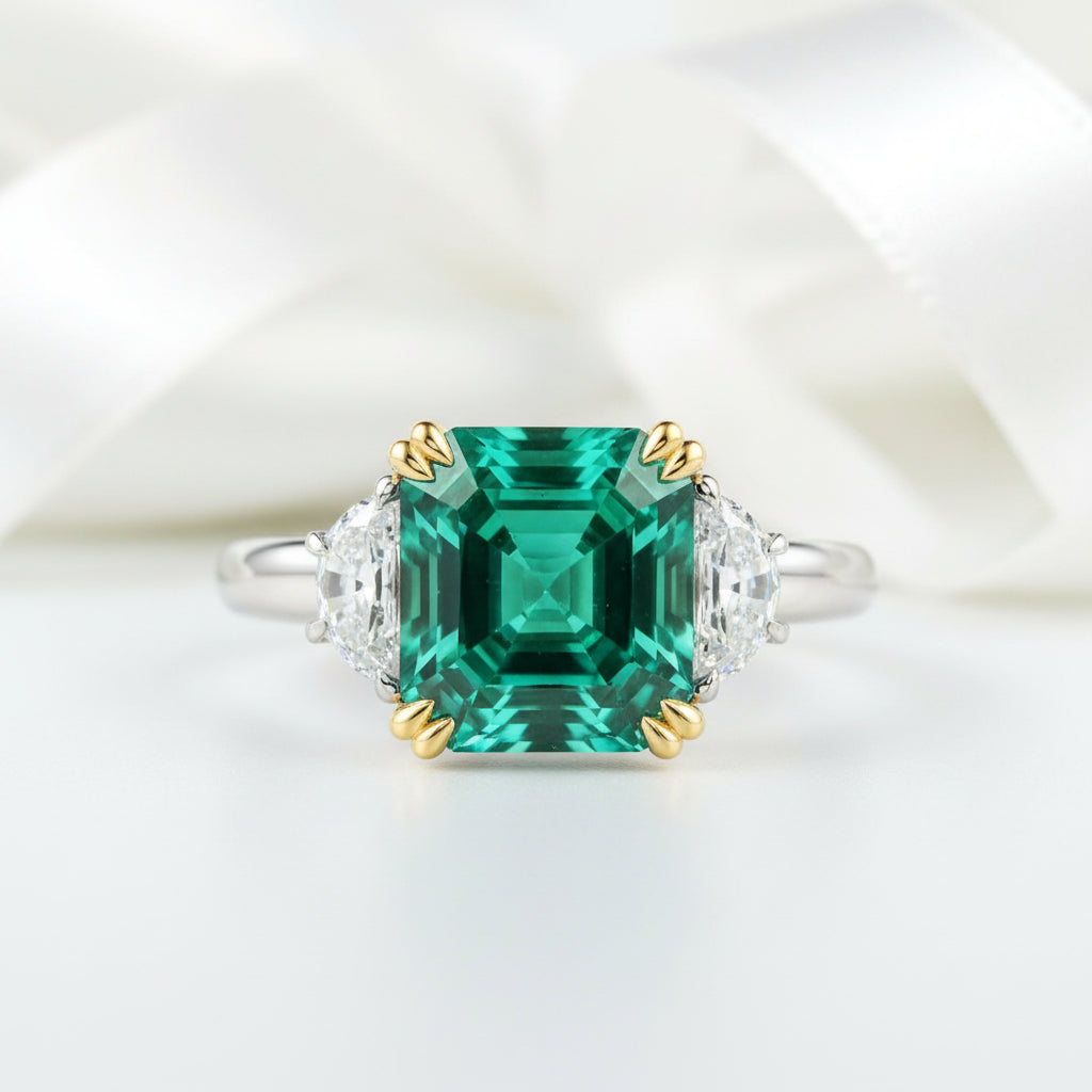 4.5ct Simulated Paraiba Tourmaline Asscher Cut Three Stone Engagement Ring-Black Diamonds New York