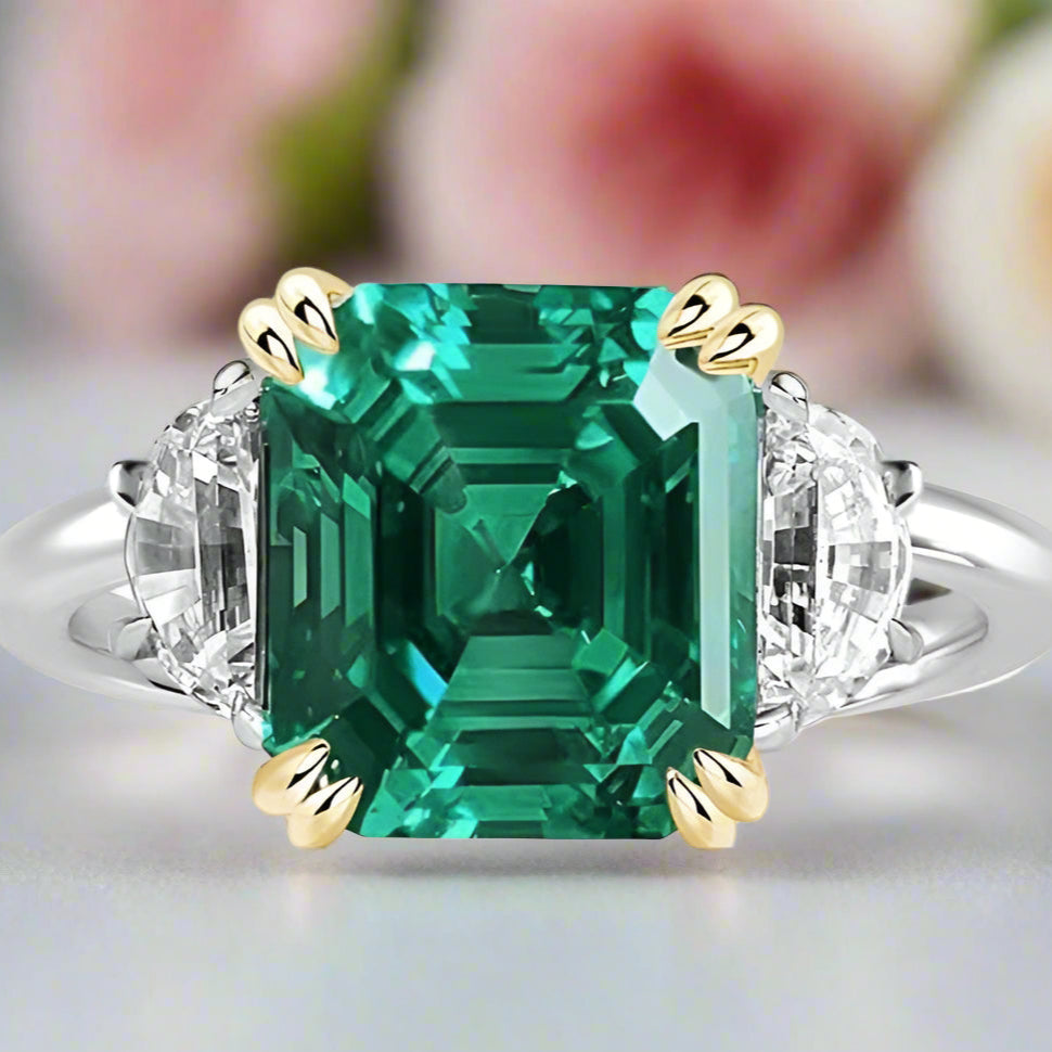 4.5ct Simulated Paraiba Tourmaline Asscher Cut Three Stone Engagement Ring-Black Diamonds New York