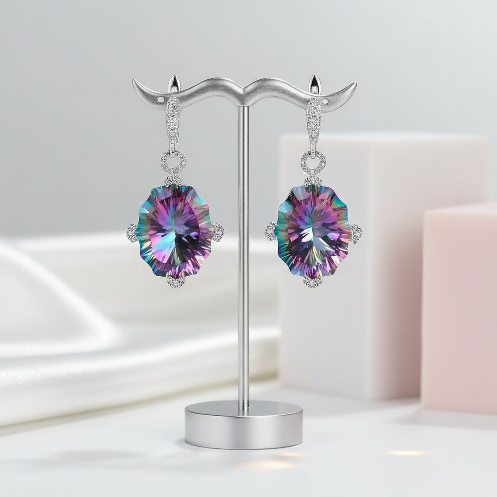 48.42Ct Natural Rainbow Mystic Quartz Drop Earrings-Black Diamonds New York