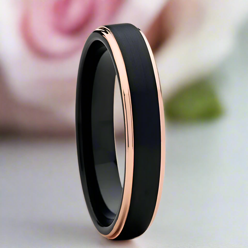 4mm Black with Rose Gold Tungsten Carbide Women's Ring Band-Black Diamonds New York
