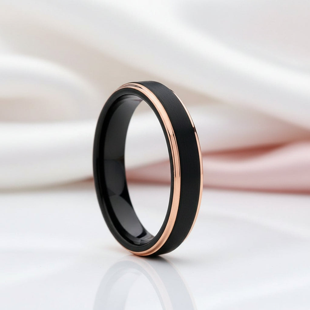 4mm Black with Rose Gold Tungsten Carbide Women's Ring Band-Black Diamonds New York