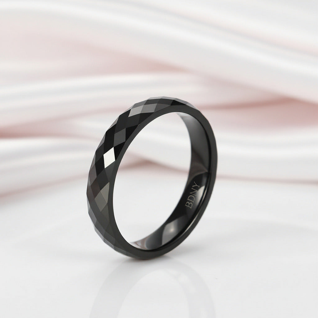 4mm Multi-Faceted Tungsten Wedding Band-Black Diamonds New York