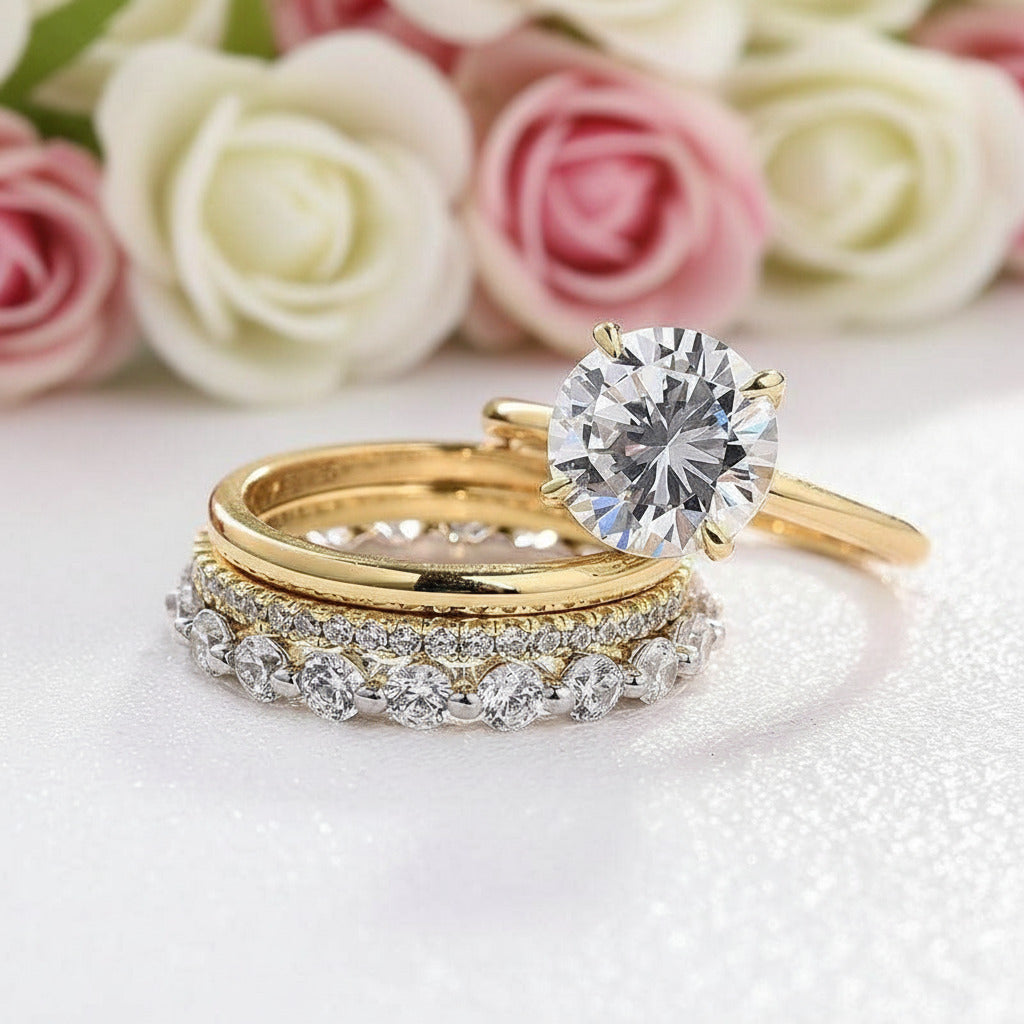 4pc Yellow Gold Round Cut Simulated Diamonds Bridal Ring Set-Black Diamonds New York