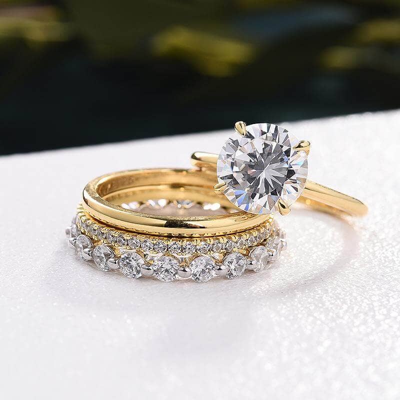 4pc Yellow Gold Round Cut Simulated Diamonds Bridal Ring Set - Black Diamonds New York