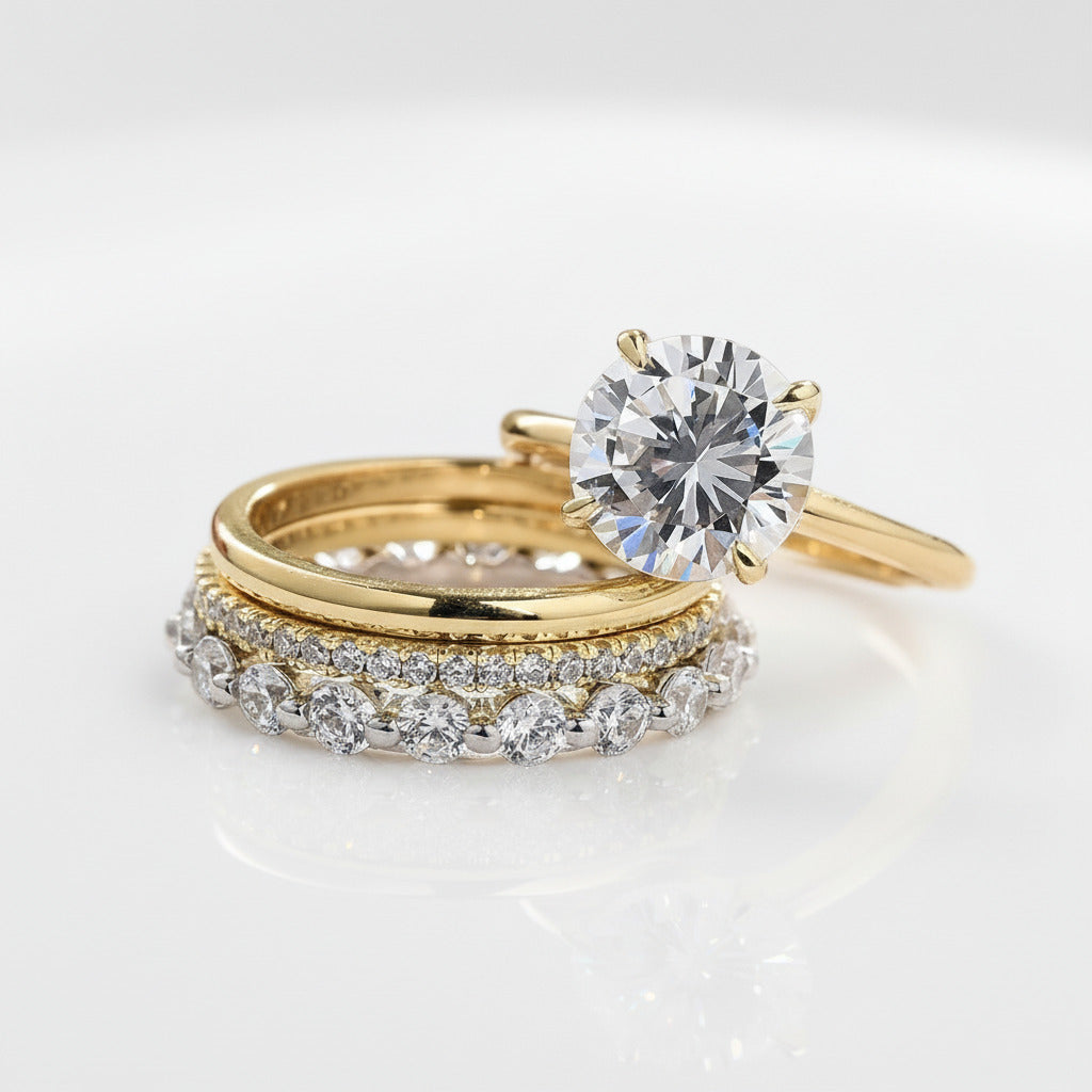 4pc Yellow Gold Round Cut Simulated Diamonds Bridal Ring Set