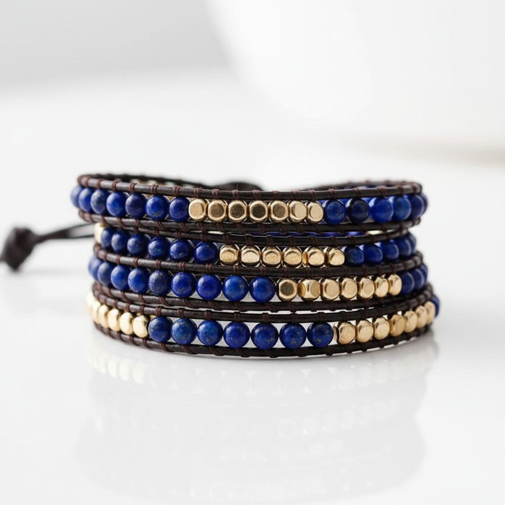 5 Wraps Boho Leather Natural Lapis Lazuli + Beads Stone-Black Diamonds New York